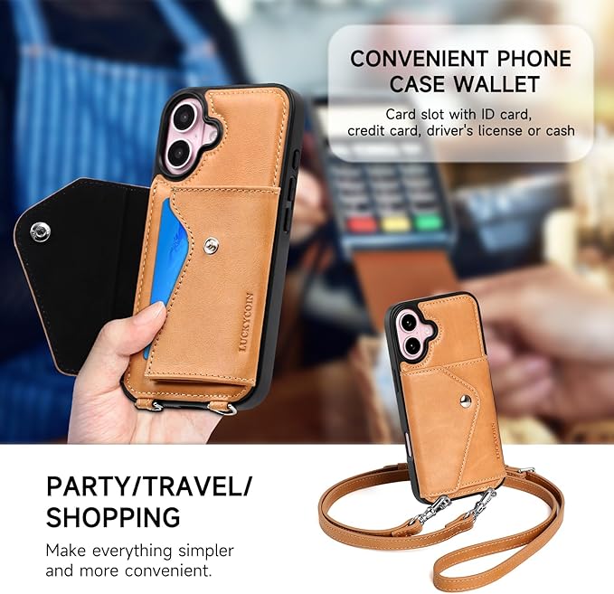 LUCKYCOIN Crossbody Phone Case for iPhone 16,100% Genuine Leather Phone Wallet Case for Women, Fashion Premium Hands-Free Phone Purse with Expandable Flip Card Holder & Adjustable Strap - Retro Tan