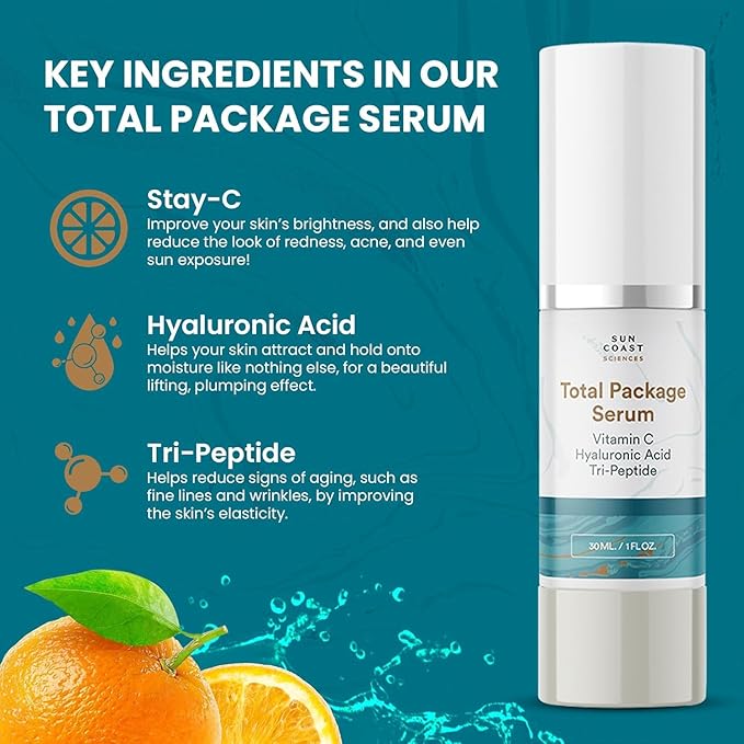 Sun Coast Sciences - Total Package Serum - Vitamin C Serum with Hyaluronic Acid & Peptides for Face - Hydrating Anti Aging Face Serum for Smoother, Firmer Looking Skin - 1 Fl Oz (Pack of 1)