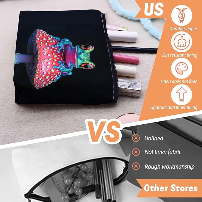 Scribesense Cosmetic Bags Travel Makeup Toilet Case Waterproof Pouch for Women Girls 6.7X9.45inches - Colorful Frog on A Red Mushroom