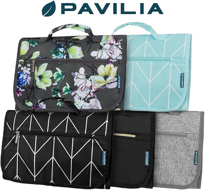 PAVILIA Hanging Toiletry Bag for Women Men, Large Foldable Toiletries Organizer with Hook, Water-Resistant Makeup Cosmetic Rollup Case, Clear Pockets for Bathroom, Gym, Cruise (Teal Chevron)