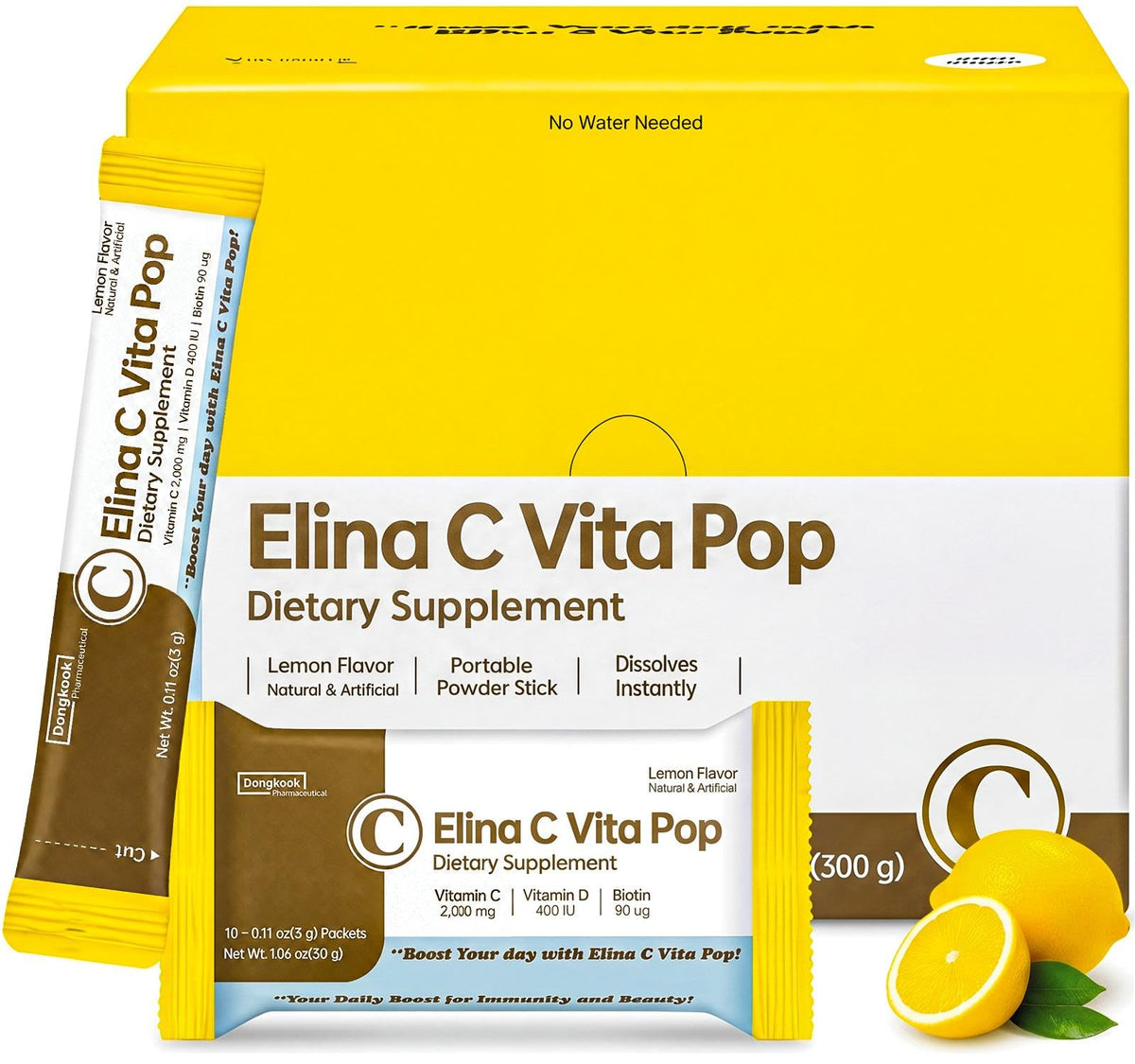DONGKOOK Vita Pop Korean Vitamin C 2,000mg + Vitamin D + Biotin Powder Packets, Zero Sugar, Vitamin C Supplements, Immune & Energy Support, Non-GMO, Lemonade Energy Drink Mix (Lemon 100packets)