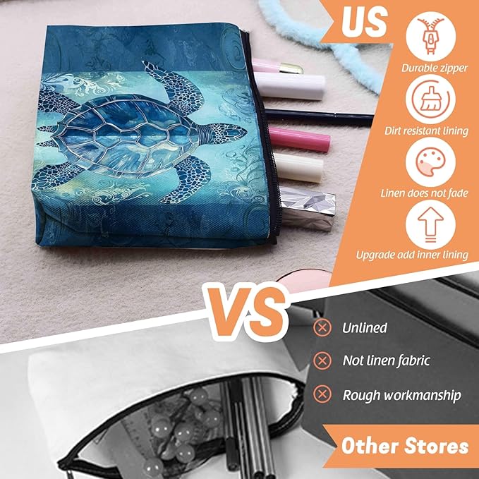 Scribesense Cosmetic Bags Travel Makeup Toilet Case Waterproof Pouch for Women Girls 6.7X9.45inches - Blue Sea Turtle With Ornamental Patterns