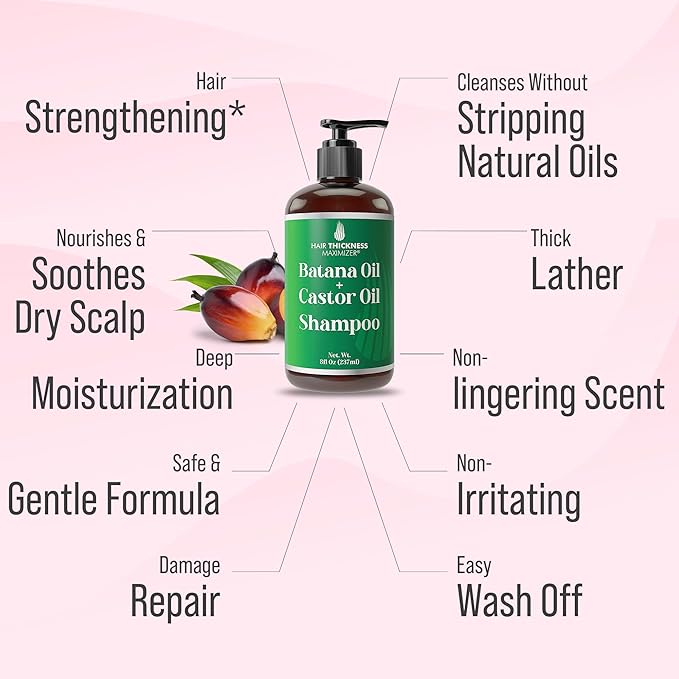 Batana Oil Shampoo for Hair Growth 8oz with Castor, Rosemary Oil to Strengthen, Cleanse & Moisturize Hair without Stripping Natural Oils. Color Safe Batana Shampoo for Women, Men