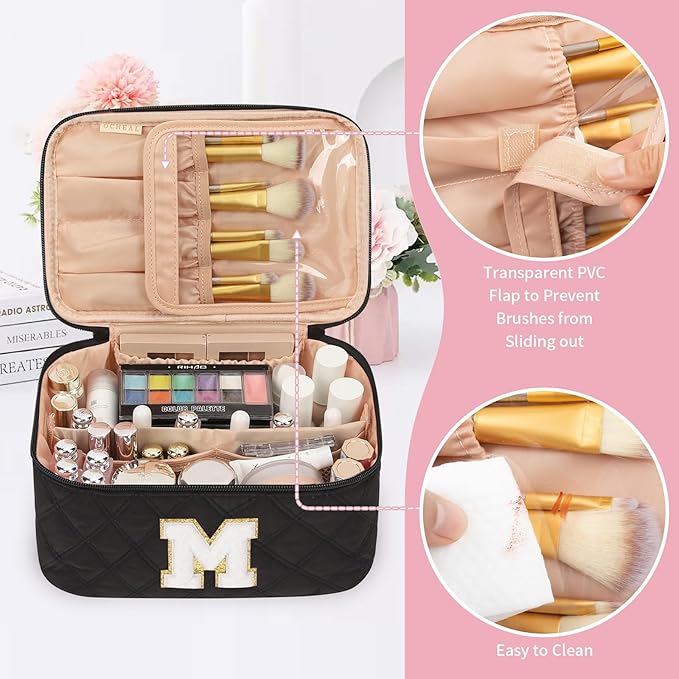 OCHEAL Makeup Bag for Women, Monogram Cosmetic Bag Black Travel Makeup Case Beauty Toiletry Bag Organizer Personalized Gifts for Girls Bridesmaid, Sister, Wife, Friends Initial M