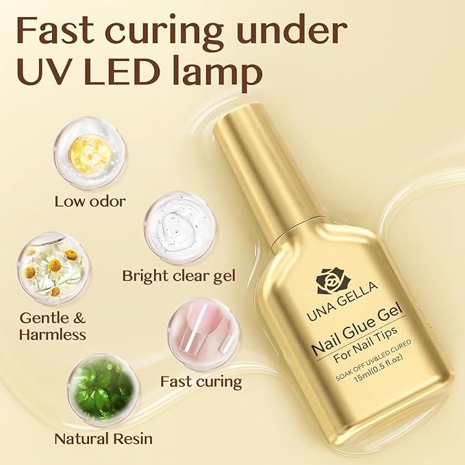 UNA GELLA 6 in 1 Gel Nail Glue for Clear Acrylic Nails Tips, 2Pcs 15ml Super Strong Brush U V Nail Glue Long Lasting Lamp Curing Required for Fake Nails Tips