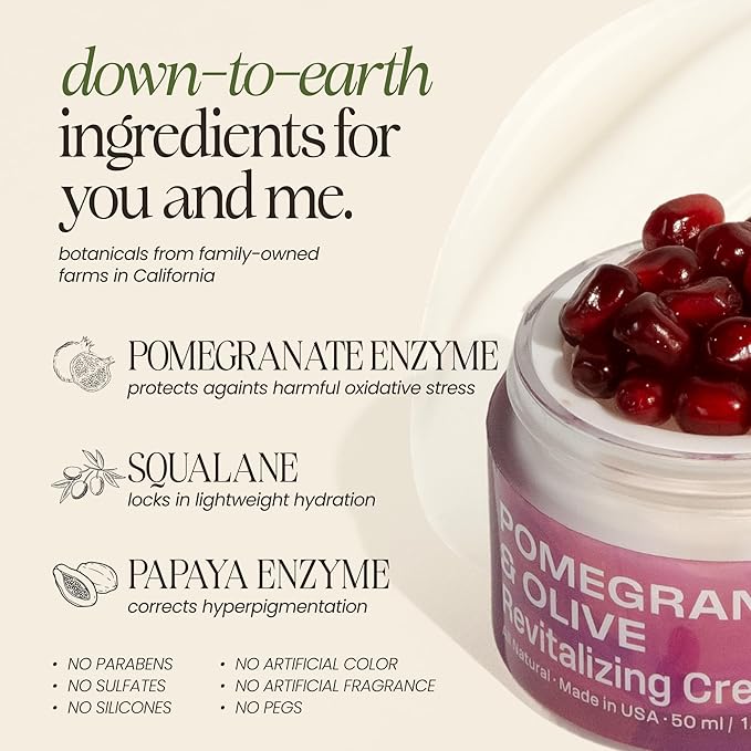 Pomegranate & Olive Revitalizing Face Cream for Wrinkles, Dark Spots & Hyperpigmentation | Lightweight Enzyme Moisturizer for Dry & Sensitive Skin | Vegan | 1.7oz | Mudita Earth
