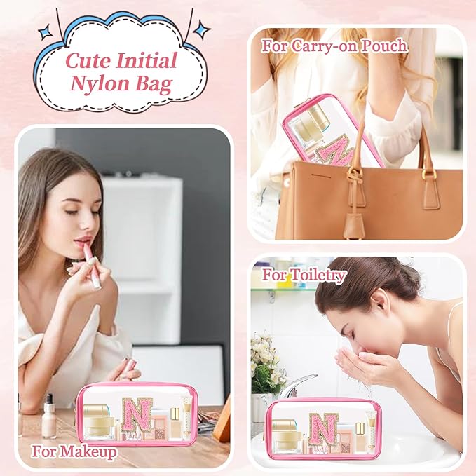 Small Clear Personalized Initial Makeup Bag,Nylon Preppy A-Z Chenille Letter Patch Cosmetic Pouch Beach Toiletry Bag,Waterproof Zipper Travel Purse Storage Bag Organizer for Women Girls(Pink-Pink N)