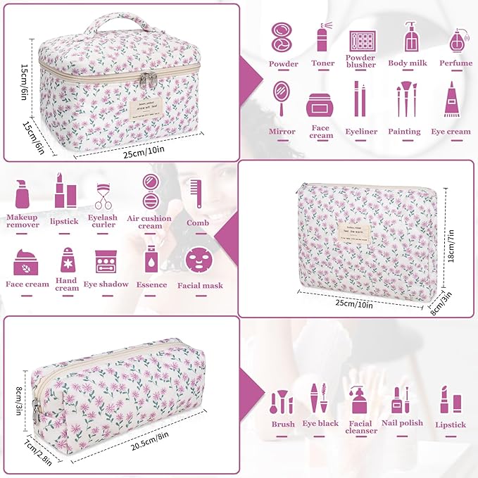 Gosect Makeup Bag Set, Quilted Makeup Bag, Large Floral Cosmetic Bag for Women, Cute Cotton Makeup Bags, Flower Travel Toiletry Organizer Bag (Purple Flower)