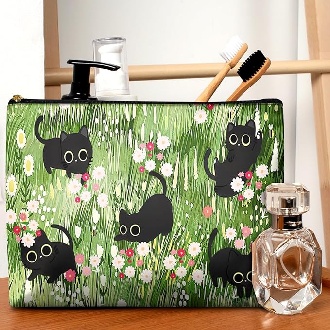 GEGEPINK Cute Makeup Bag for Purse Waterproof Cosmetic Bags for Women Funny Smooth Zipper Travel Toiletry Pouch 10X8 Inches-Black Cat Floral Makeup pouch