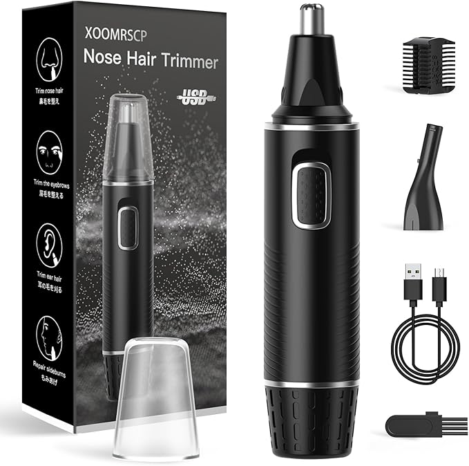 XOOMRSCP Professional Rechargeable Nose Hair Trimmer for Men – 2-in-1 Painless Ear & Nose Trimmer with IPX7 Waterproof Dual-Edge Blades, Also for Eyebrow & Facial Hair (Black Silver)