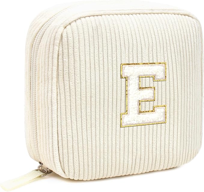 Cute Monogram Personalized Initial Makeup Bag - Cosmetic Pouch Make Up Case for Women's Best Friend, Sister, Teacher, Birthday Gifts (Letter E, Beige)