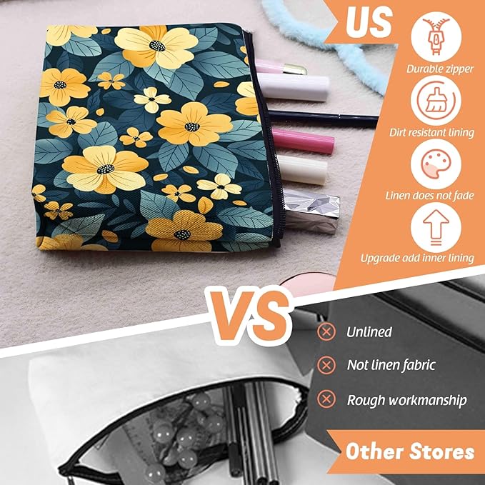 Scribesense Cosmetic Bags Travel Makeup Toilet Case Waterproof Pouch for Women Girls 6.7X9.45inches - Pattern of Yellow Flowers on A Dark - Teal Background