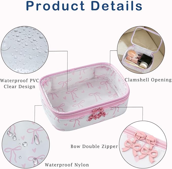 RSRSLEII Cute Clear Makeup Bag with Bow Pattern,Transparent Nylon Travel Cosmetic Case with Zipper,Portable Makeup Organizer Pouch for Essentials(01Pink)