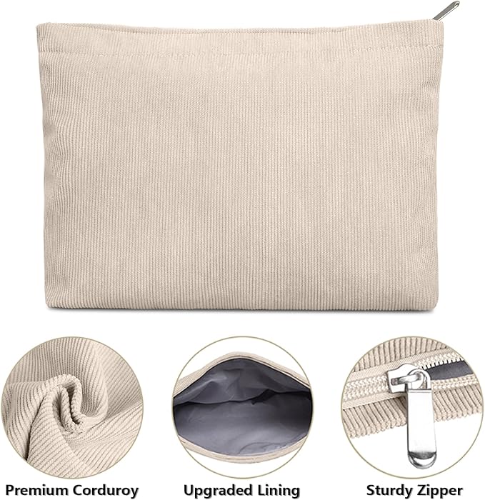 FITDON 2PCS Cosmetic Bags for Women Makeup Bag for Purse Small Corduroy Makeup Pouch Travel Make Up Bag with Zipper Toiletry Bag Organizer, Beige