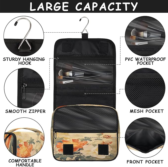 YoYoYuchong Travel Toiletry Bag for Women & Men Ethnic Flower Peony Hanging Cosmetic Organizer Portable Waterproof Makeup Case Make Up Bag with Compartments Travel Essentials for Bathroom Shower