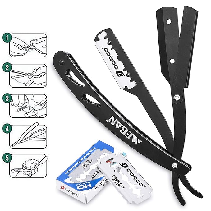 Megan beard shaping tool,5 piece set beard shaper for man - include professional straight edge razor,template guide,10 count of double edge blades,barber pencil and stainless steel scissors.