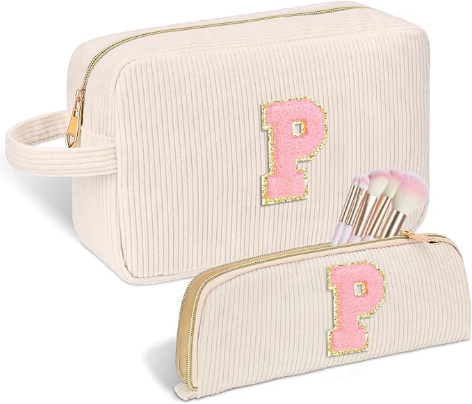 Sernaxi Personalized Initial Makeup Bag Trendy Stuff Corduroy Cosmetic Bag Travel Toiletry Bag, Valentine’s Day Gift Makeup Organizer Case & Makeup Pouch for Women Teen Girls Mom Girlfriend Wife
