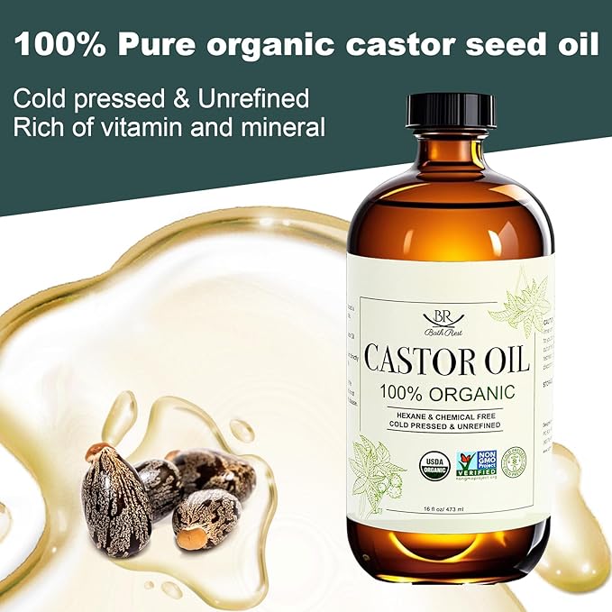 Bathrest Castor Oil Organic Cold Pressed Unrefined Glass Bottle 100% Pure for Hair Growth Eyelashes Brows Castor Oil Packs, Natural Skin Moisturizer, USDA Certified Hexane Free Vegan 16 oz (473ml)