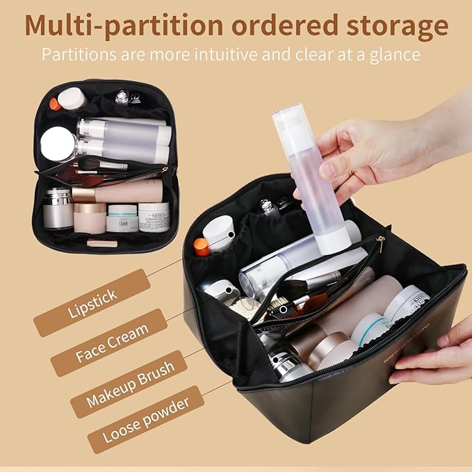 zaleeta 3 Pcs Travel Makeup Bag Portable Large Capacity Cosmetic Bags for Women Open Flat Makeup Case Organizer Bag Set of 3 Waterproof PU Leather Toiletry Bags with Divider and Handle (Black, Medium)