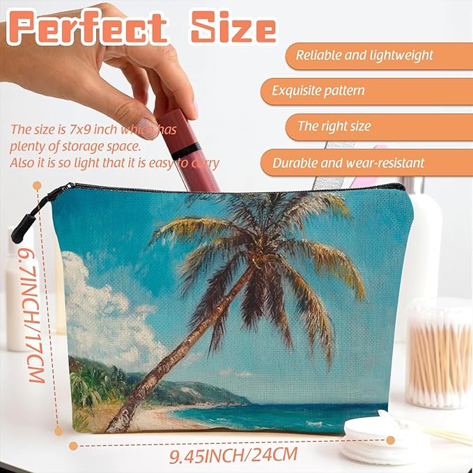 Scribesense Cosmetic Bags Travel Makeup Toilet Case Waterproof Pouch for Women Girls 6.7X9.45inches - Tilted Coconut Tree on A Tropical Beach