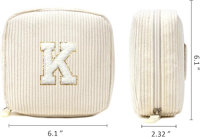 Cute Makeup Bag for Women - Monogram Personalized Initial Makeup Bags Cosmetic Pouch Make Up Case for Women Her Best Friend Friendship Sister Teacher, College Graduation Gifts for Her(Letter K, Beige)