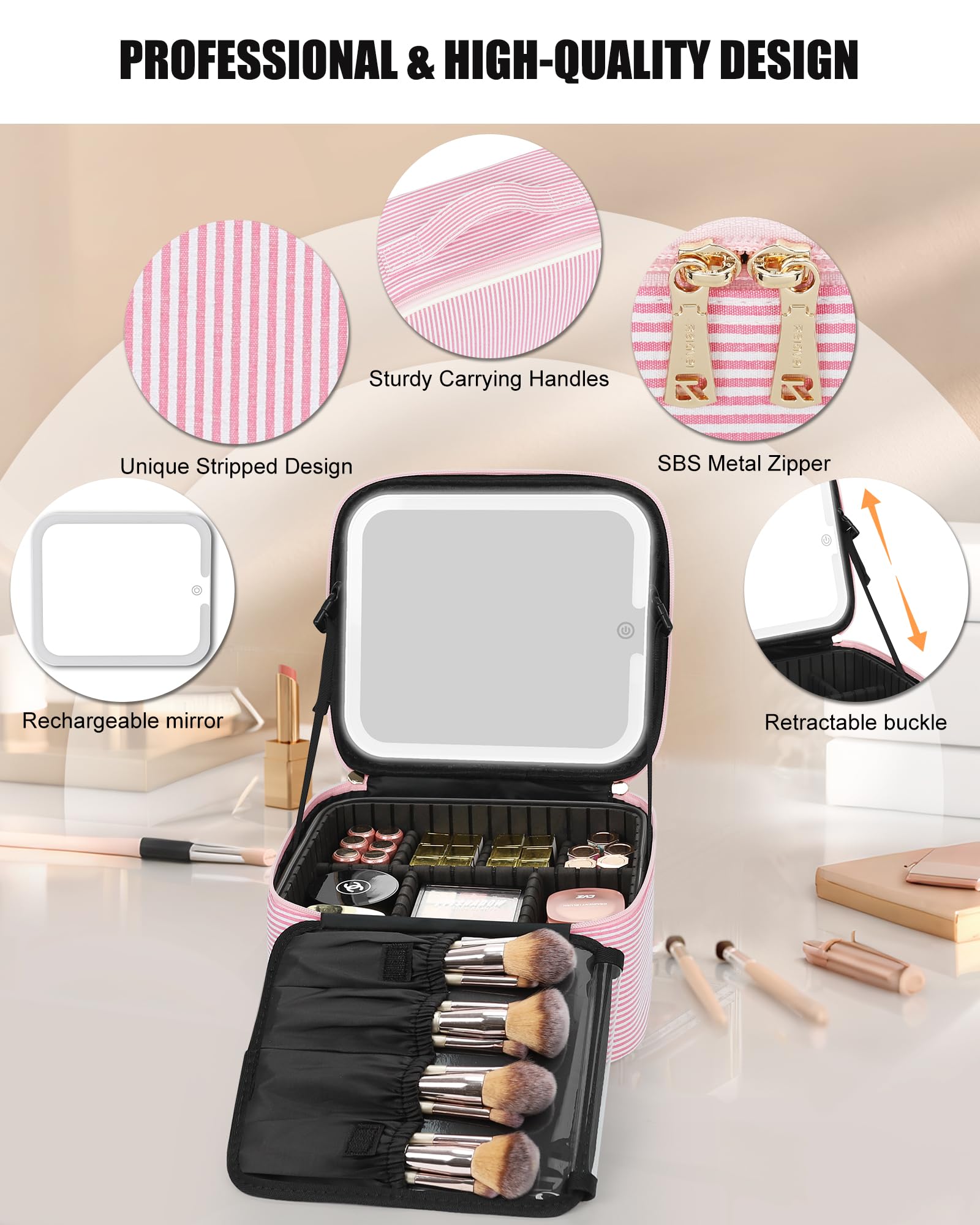 Relavel Travel Makeup Bag With LED Mirror, Portable Cosmetic Bag Organizer with Adjustable Brightness in 3 Color Scenarios, Small Cute Train Case with Detachable Dividers for Trip- Pink Strip