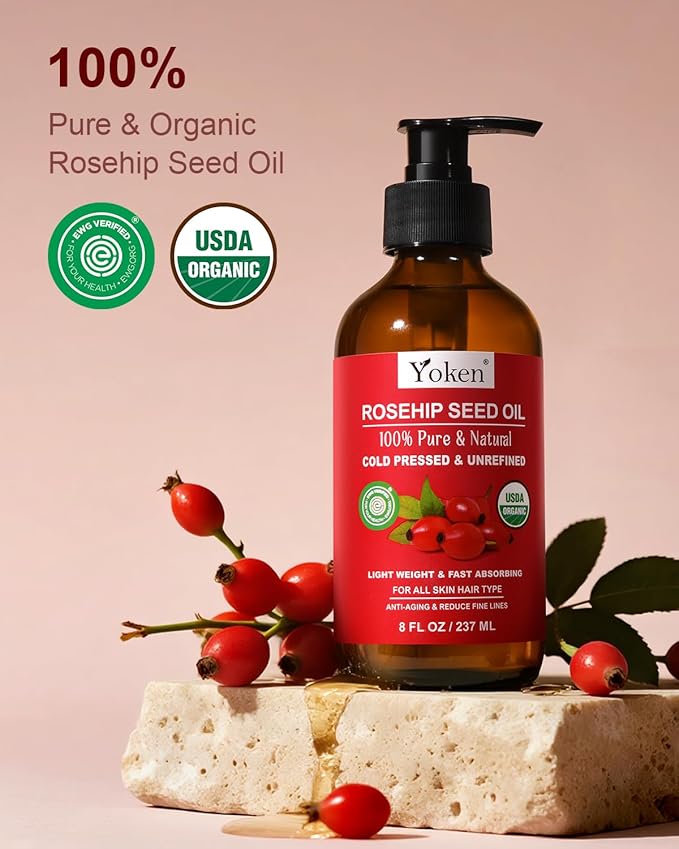 Yoken Organic Rosehip Seed Oil for Skin & Hair, Cold Pressed, 8 fl oz