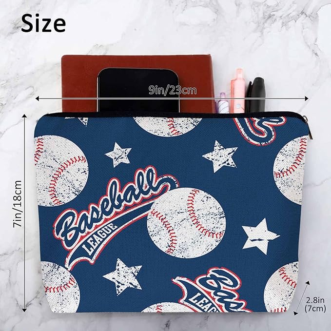 Kalygon Baseball Makeup Organizer Bag Cosmetic Bag For Men Women, Sports Ball Softball Baseball Blue Travel Toiletry Bag Flax Makeup Bags Purse Business Makeup Pouch For Toiletries Cosmetics