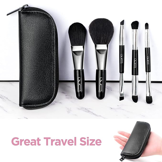 Brush Master Mini Travel Makeup Brushes Set, 5Pcs Double Ended Portable Cosmetic Brushes Kit with Storage Pouch for Foundation Eyeshadow Blush Lip Eyebrow, Black