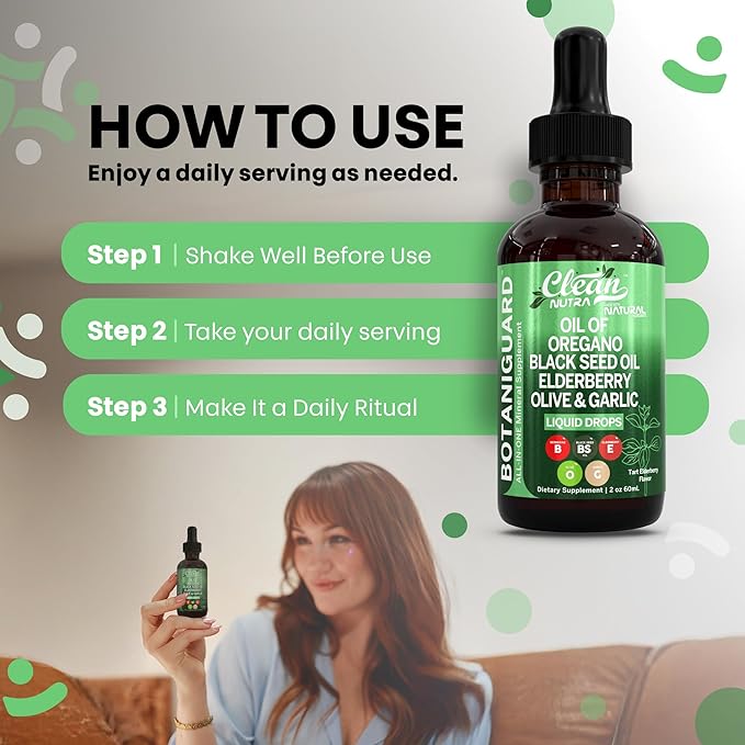Clean Nutra Oil of Oregano Drops Black Seed Oil Elderberry Vitamin D D3 K2 Olive Garlic Immune Support Supplement Zinc Supplements Liquid 2 Fl Oz Vegan
