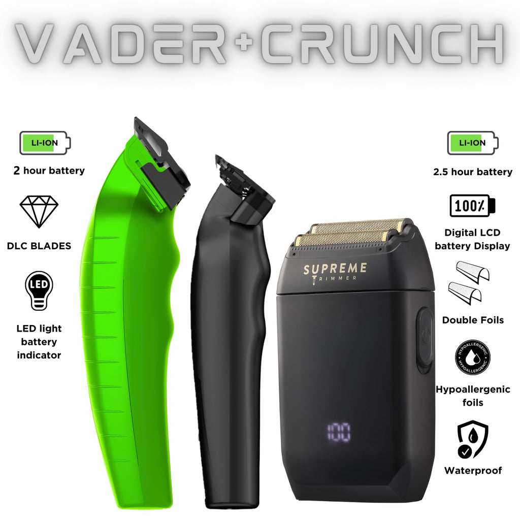 Supreme Trimmer 3-in-1 Barber Kit | Vader Clipper, Vader Trimmer & Crunch Foil Shaver | Men's Professional Beard Trimmer, Brushless Motor Clippers & Waterproof IPX6 Shaver | Acid