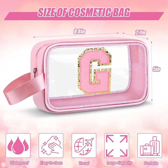 Vodolo Initial Makeup Bag,Letter G Cute Clear Monogrammed Cosmetic Travel Bag for Womens Girls,Personalized Pink Aesthetic Traveling Make Up Organizer Bag for Beach,Waterproof Toiletry Bag