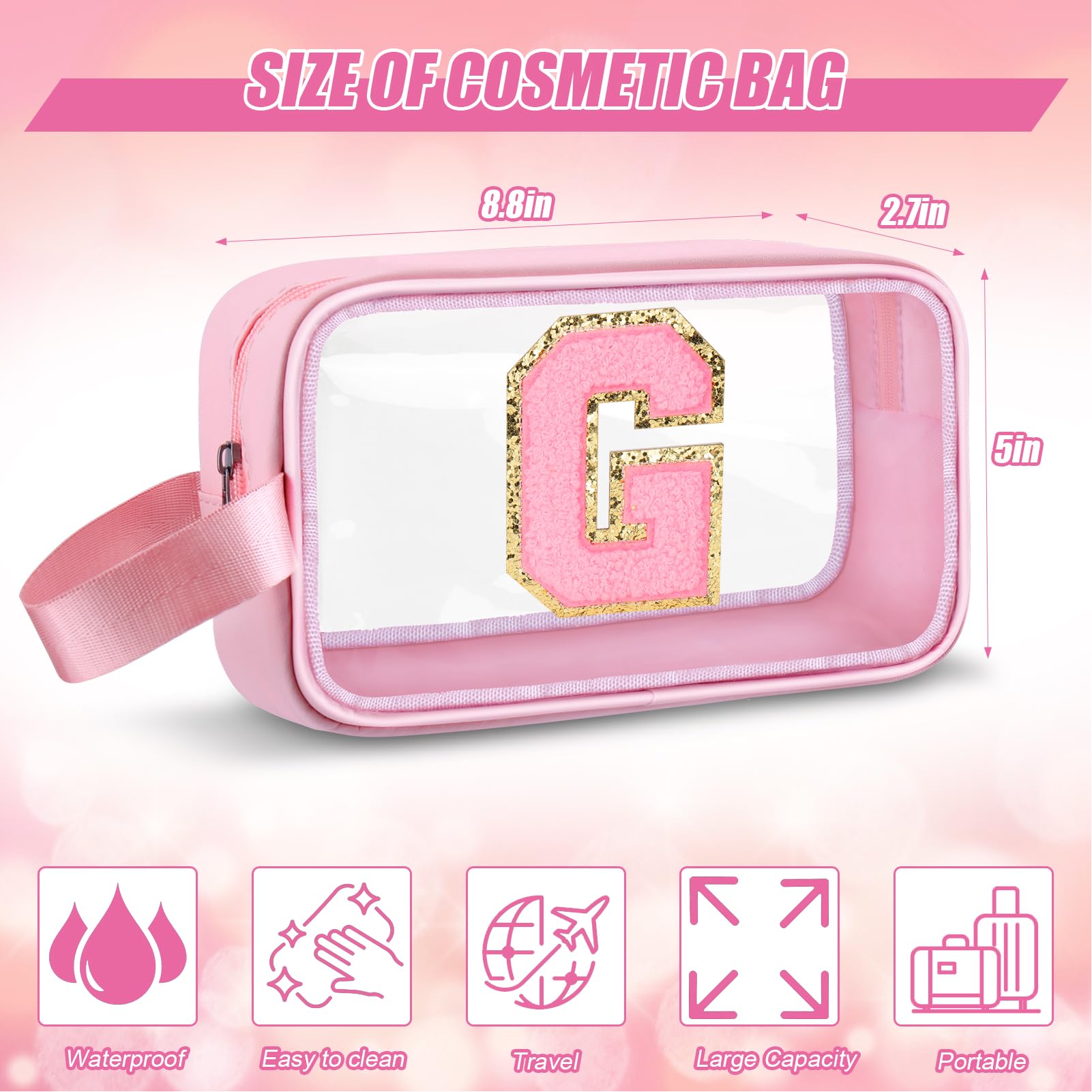 Vodolo Initial Makeup Bag,Letter G Cute Clear Monogrammed Cosmetic Travel Bag for Womens Girls,Personalized Pink Aesthetic Traveling Make Up Organizer Bag for Beach,Waterproof Toiletry Bag