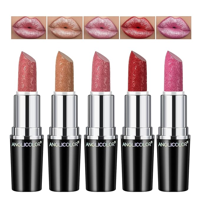 Anglicolor 5Pcs Metallic Lipstick,High Impact Lipcolor Moisturising Creamy Formula Smooth and Non-Sticky,Lipstick For Women Girls,Full-Coverage Lip Color (#B, 20g)