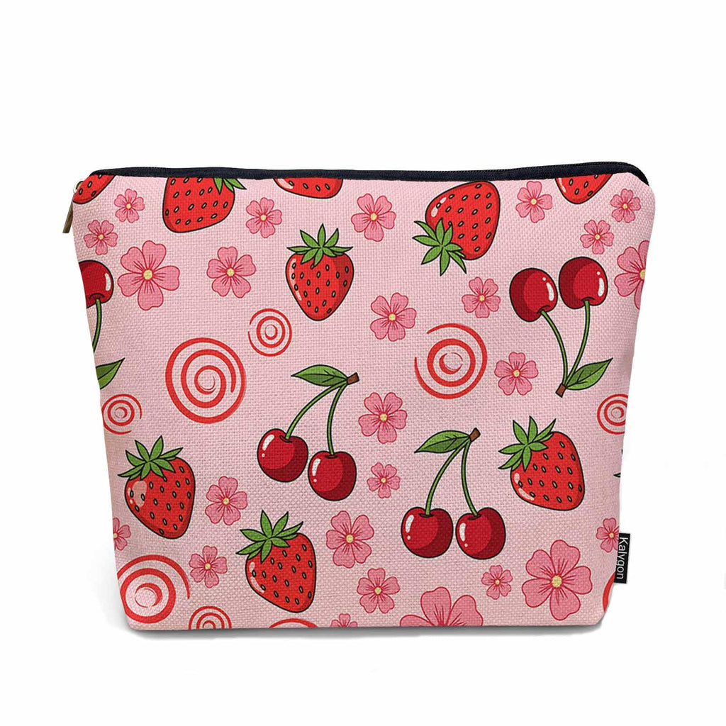 Kalygon Strawberry Makeup Bags Makeup Organizer, Summer Strawberries Cherries Pink Flax Toiletry Bags Travel Cosmetic Bag Makeup Purse Pouch Skincare Bag Wallet Bags For Women Female Mom Daughter