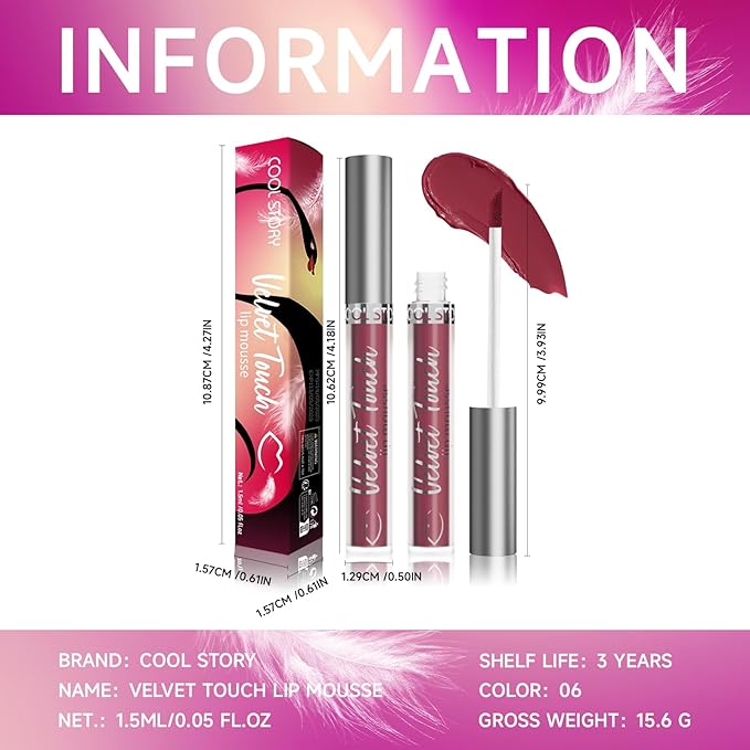 COOL STORY #06 Deep Rose Cherry Velvet Lip Mousse, Matte Lip Mud Lipstick, Smooth Easy‑Glide Lip Color, Waterproof Long Lasting Transfer‑Resistant Lip Gloss for Women Daily Makeup