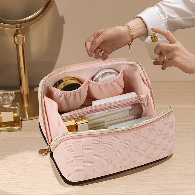 Prite Makeup Bag Travel Toiletry Bag Open Flat Cosmetic Organizer for Women