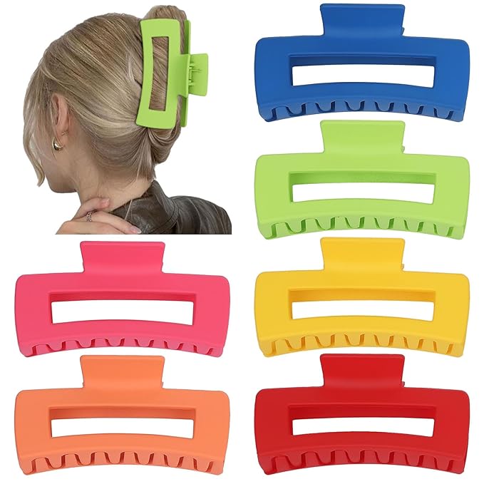 Sisiaipu 4 Inch Big Hair Claw Clips 6 Pcs Large Claw for Thick Hair Square Hair Clips for Women Rectangle Hair Clips Nonslip Acrylic Banana Jaw Clips Hair Accessories for Girls (Dopamine)