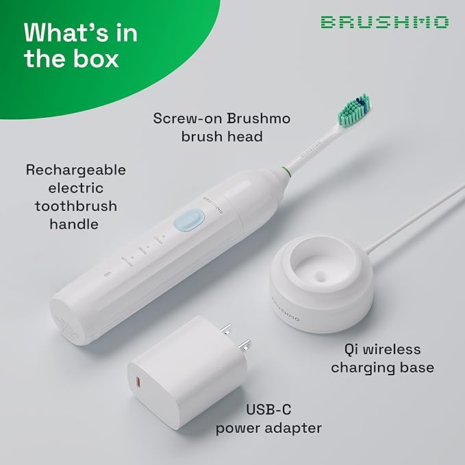 Brushmo E-Series Electric Sonic Toothbrush - Rechargeable Screw-On Electronic Tooth Brush for Adults with 3 Modes, Travel Case & Timer IPX7 Waterproof, 30 Days Lasting & Wireless Charging Base, White