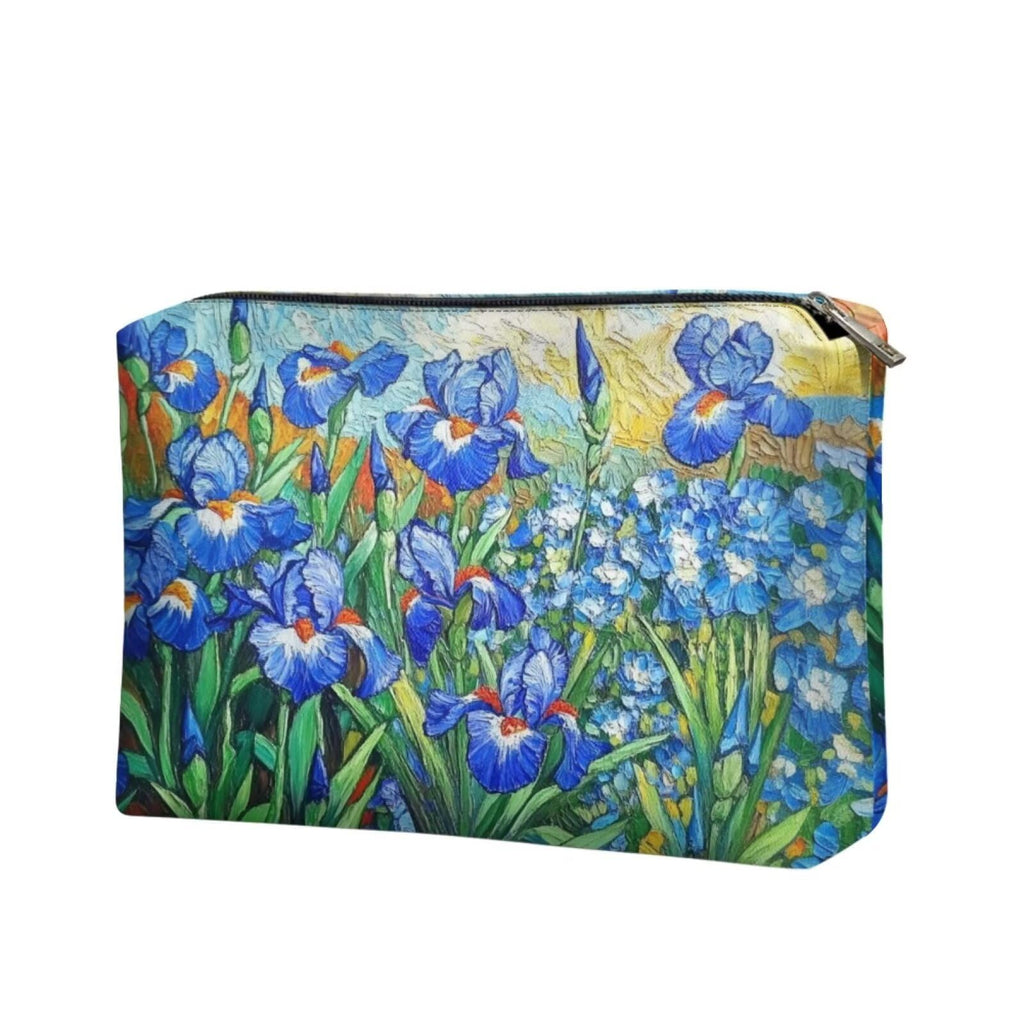 COEQINE Leather Cosmetic Purses for Women Wedding Floral Makeup Bag Organizer Portable Travel Lisptic Pouch With Zipper Womens Evening Wedding Party Cosmetic Purse Wallet,Iris Floral Art Print