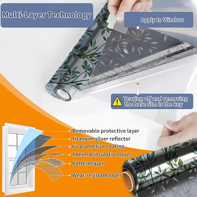 One Way Privacy Film, Window Tint for Home,Daytime Reflective, Anti UV Static Cling Sliding Door Coverings No Glue Garage Solar Paper (Silver-Leaves, 35.4X 78.7 in)