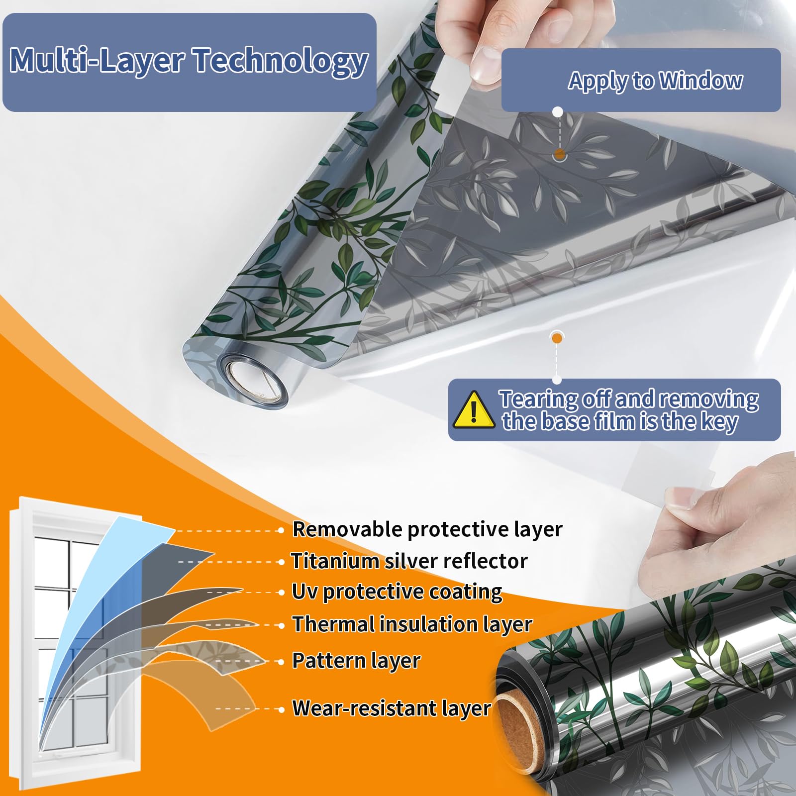 QHYsunshine One Way Privacy Film, Window Tint for Home,Daytime Reflective, Anti UV Static Cling Sliding Door Coverings No Glue Garage Solar Paper (Silver-Leaves, 23.6 x 78.7 in)