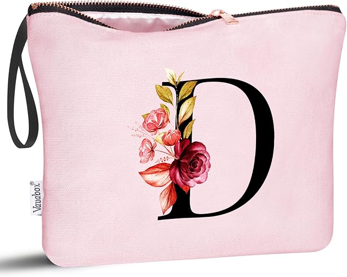 Vavabox A-Z Personalized Makeup Bag, Birthday Gifts for Women Mom, Gifts for Best Friend, Bride Bridesmaid Cosmetic bag (D, 06-Pink)