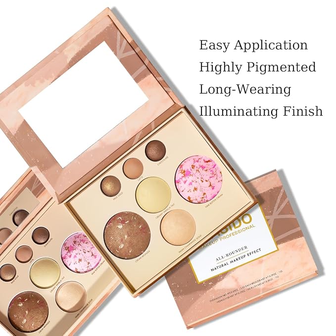 Baked Face and Eye Makeup Palette with Bronzer, Blush, 2 Highlighters & 3 Eyeshadows, Smooth Blendable Powder, Neutral Shades, Travel Compact Gift Set for Women