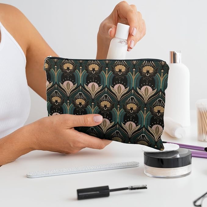 RYYCDOI Witchy Goth Makeup Bag, Vintage 1920s Bats and Flowers Aesthetic Cosmetic Toiletry Bag for Women