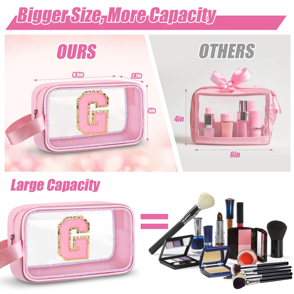 Vodolo Initial Makeup Bag,Letter G Cute Clear Monogrammed Cosmetic Travel Bag for Womens Girls,Personalized Pink Aesthetic Traveling Make Up Organizer Bag for Beach,Waterproof Toiletry Bag