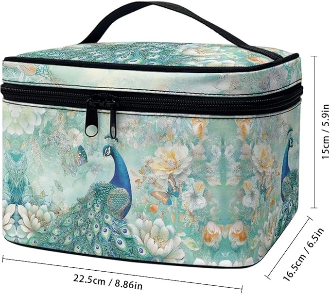 Drydeepin Peacock Butterfly Peony Flower Print Travel Makeup Bags for Women Portable Tote Cosmetic Case with Carry Handle Toiletry Accessories Storage Organizer Bags