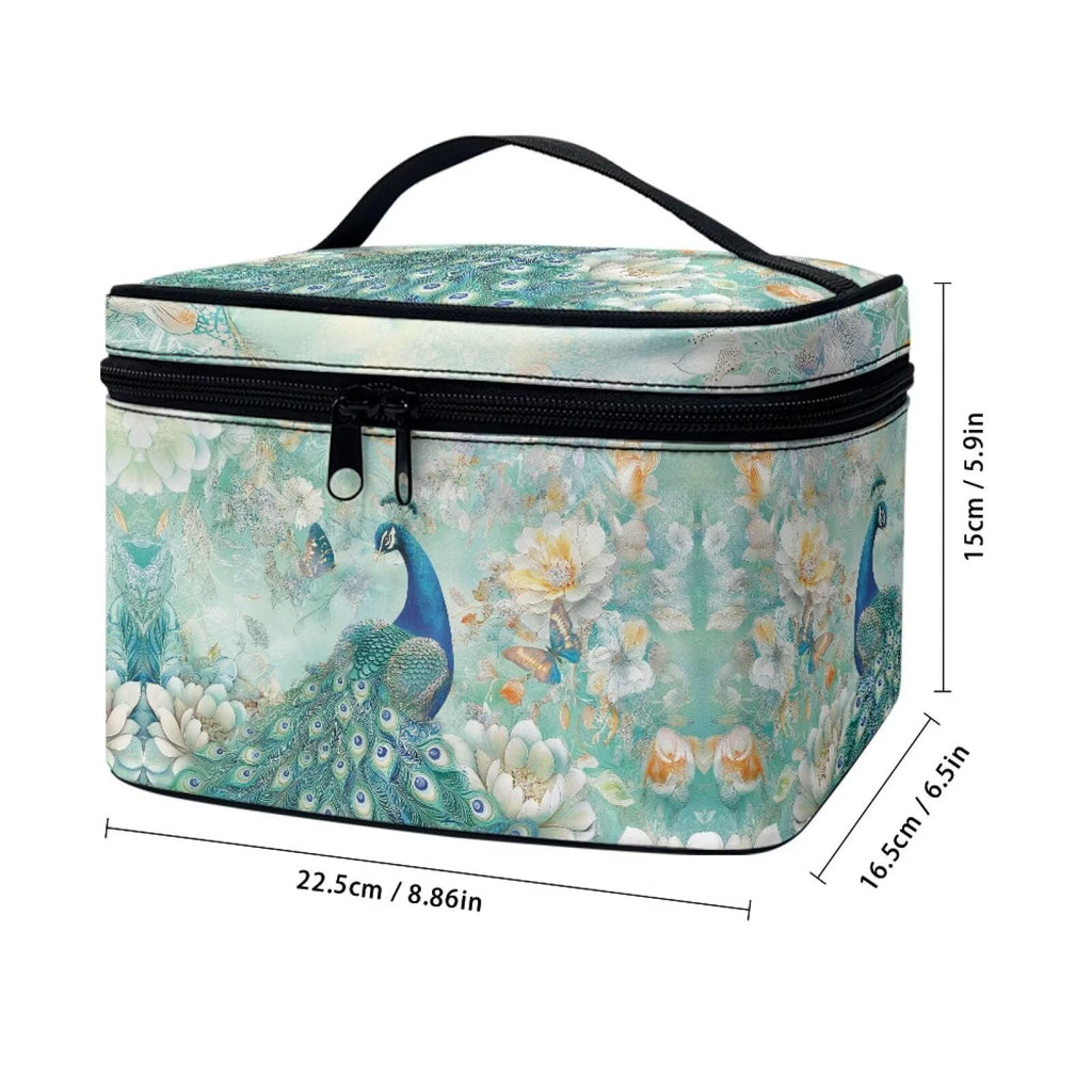 Drydeepin Peacock Butterfly Peony Flower Print Travel Makeup Bags for Women Portable Tote Cosmetic Case with Carry Handle Toiletry Accessories Storage Organizer Bags