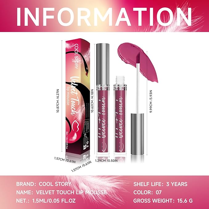 COOL STORY Mauve Purple Velvet Lip Mud Lip Mousse, Waterproof Transfer‑Proof Matte Lipstick, High Pigment Long‑Wearing Lip Color for Daily Makeup,Shade #07 Lavender Dream