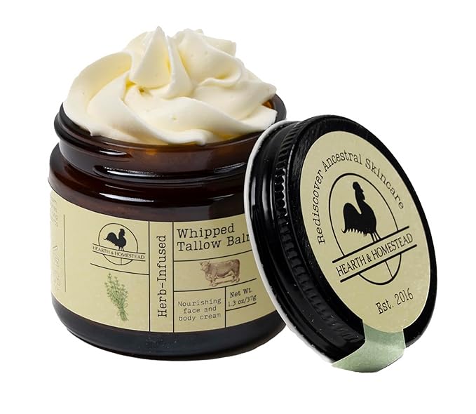 Hearth & Homestead Whipped Beef Tallow for Skin & Face - 100% Grass Fed, Eczema Cream & Body Butter - Organic Olive Oil, Calendula & Rose - Lotion & Hand Moisturizer for Dry Skin, Unscented, 1.3oz